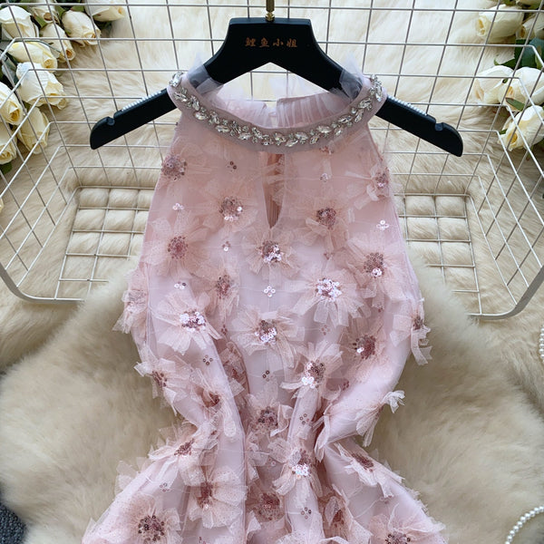 Rhinestone Studded Pink Floral Halter Dress