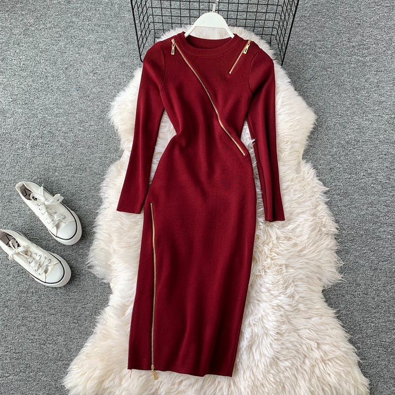 Niche Zipped Patchwork Knitted Dress