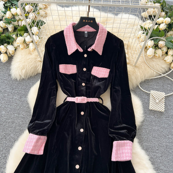 Vintage Lapeled Patchwork Black Dress