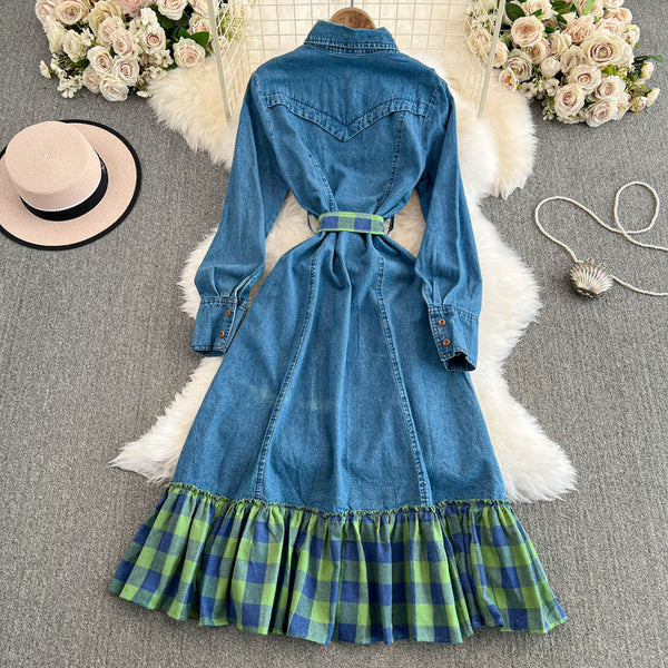 Niche Plaid Patchwork Denim Dress