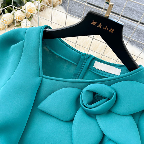 Slant Neckline Puffy Sleeve Dress