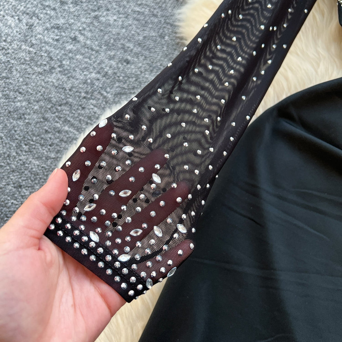 Rhinestone Studded Turtleneck Black Dress