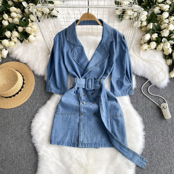 Backless Double-breasted Denim Dress