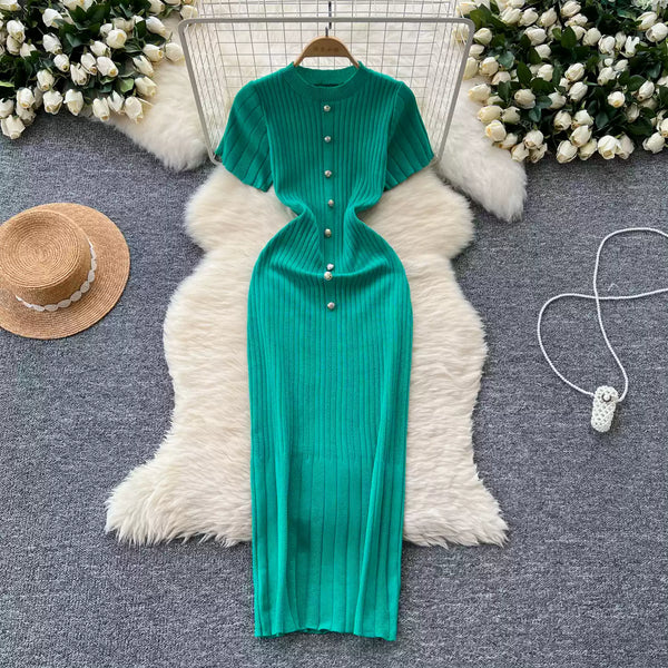 Solid Color Round Collar Knitted Dress