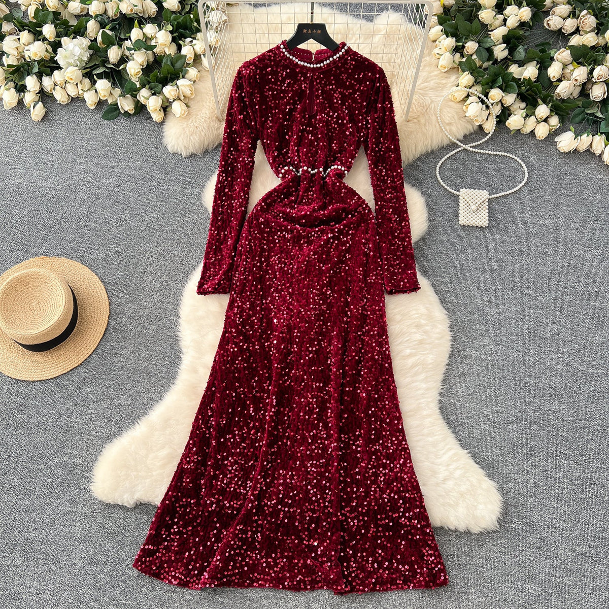 Beaded Collar Sequined Velvet Dress