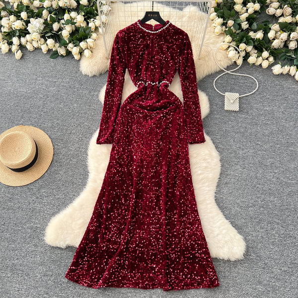 Beaded Collar Sequined Velvet Dress