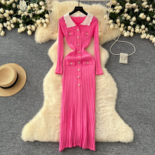 Color Blocking Lapeled Knitted Dress