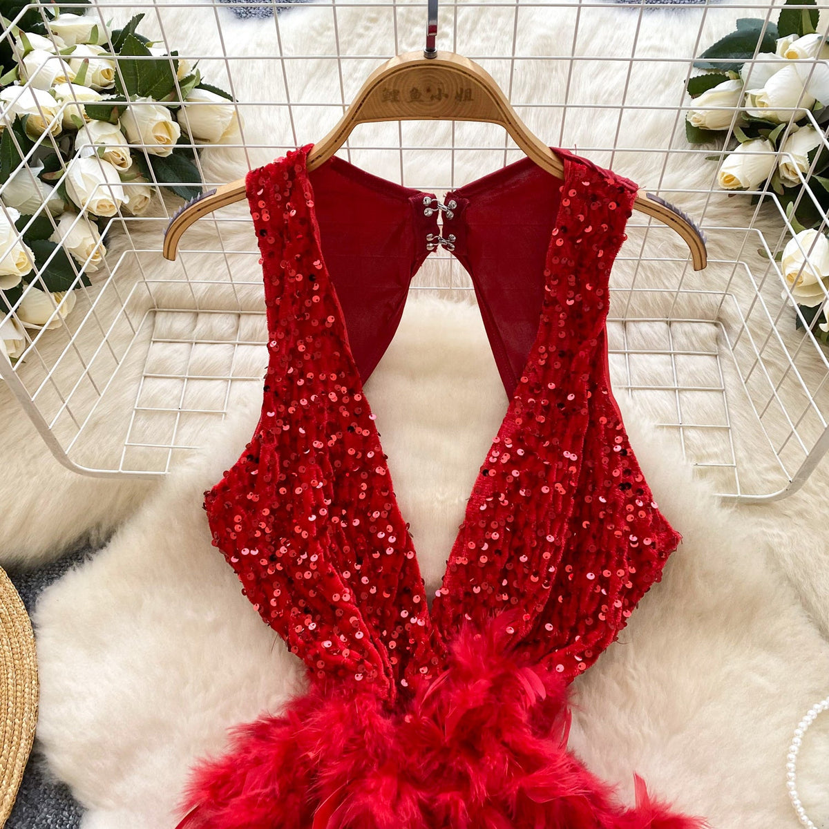 Hollowed Deep V-neck Sequined Dress
