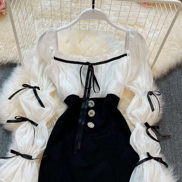 Black&White Patchwork Bow Dress