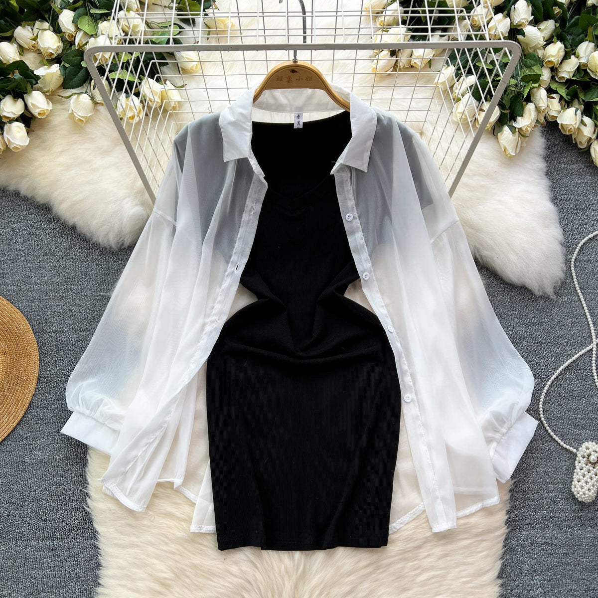 Bodycon Dress&Chiffon Cardigan 2Pcs