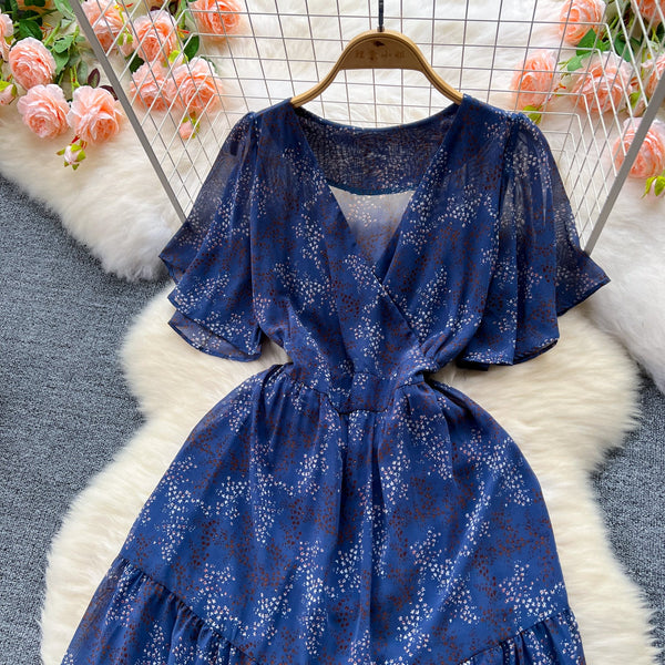 French Style V-neck Floral Chiffon Dress
