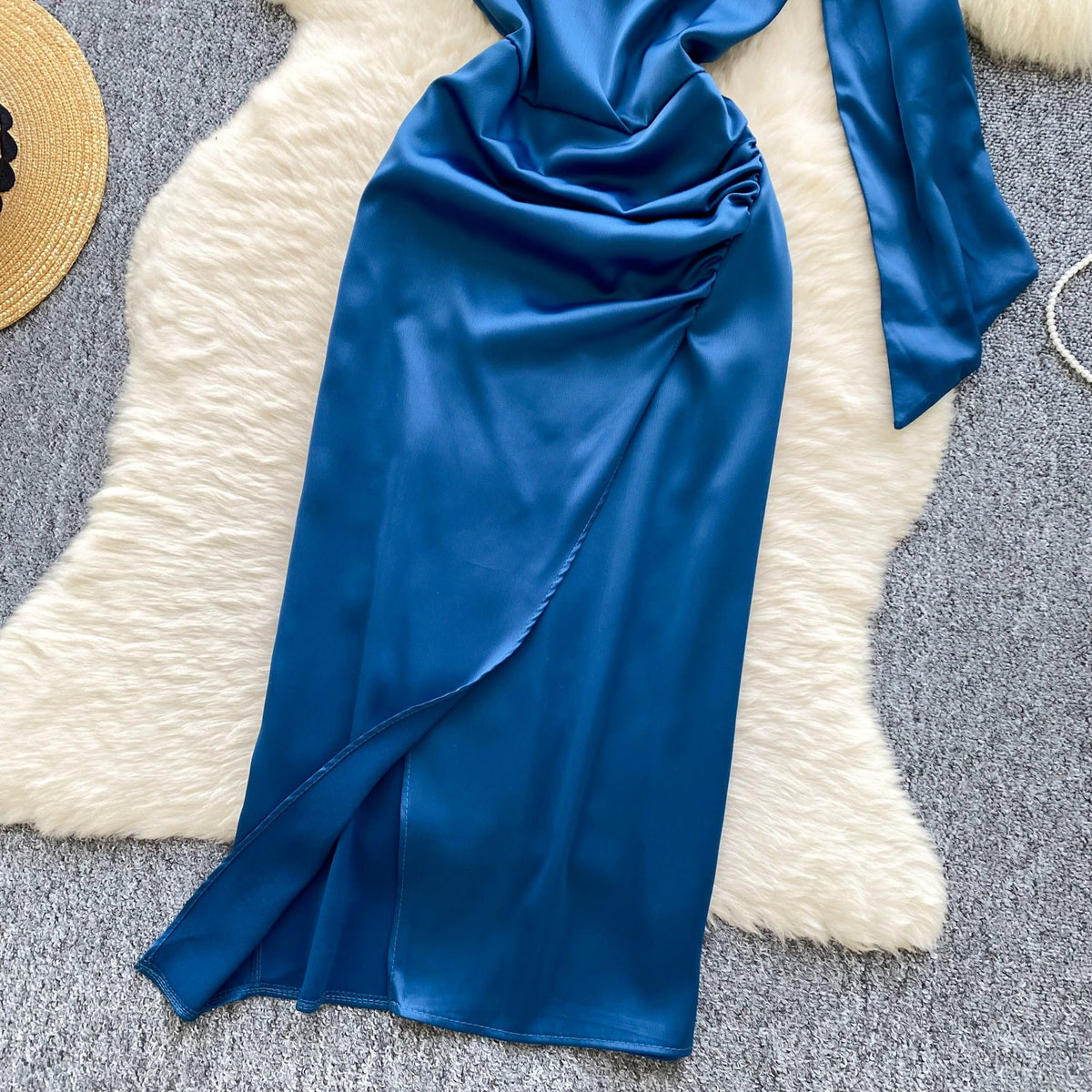 Delicate Blue Satin Dress with Ribbon