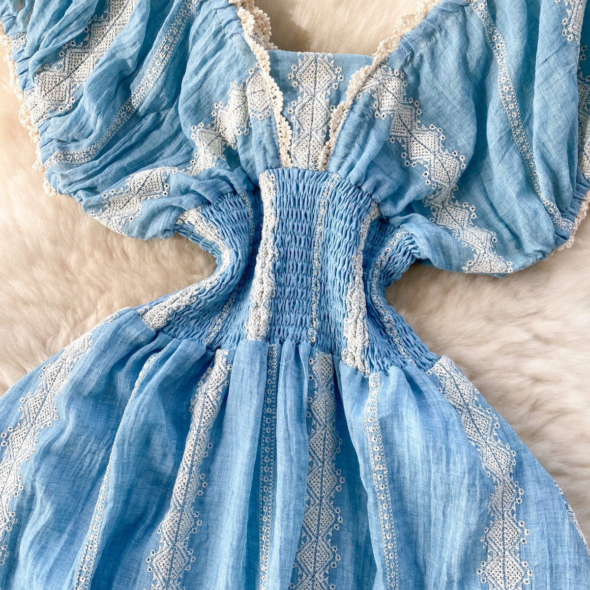 French Style Lace Trim Blue Dress