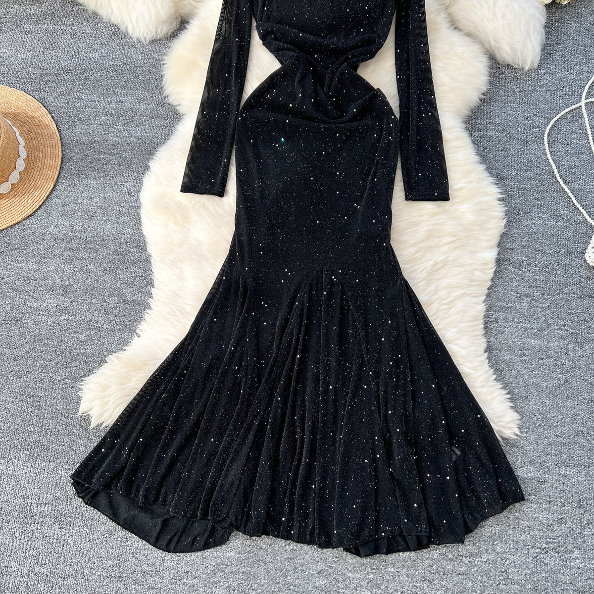 Off-shoulder Sequined Black Dress