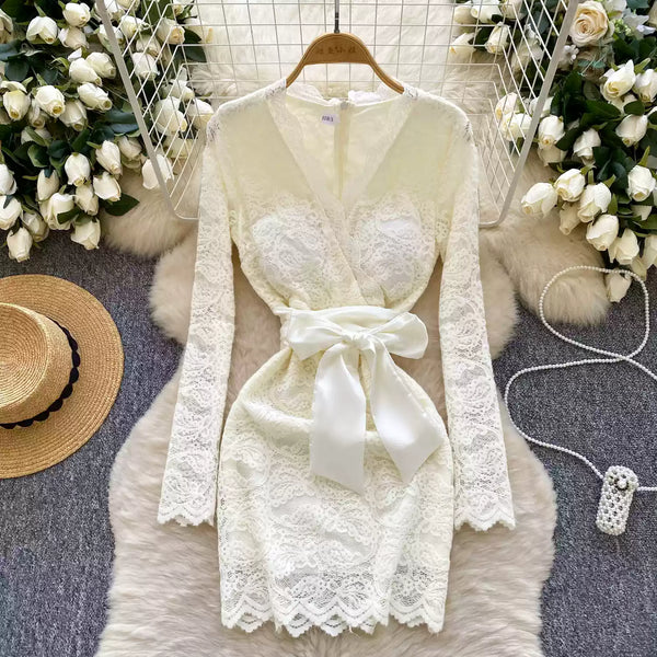 V-neck Embroidered Flocked Lace Dress