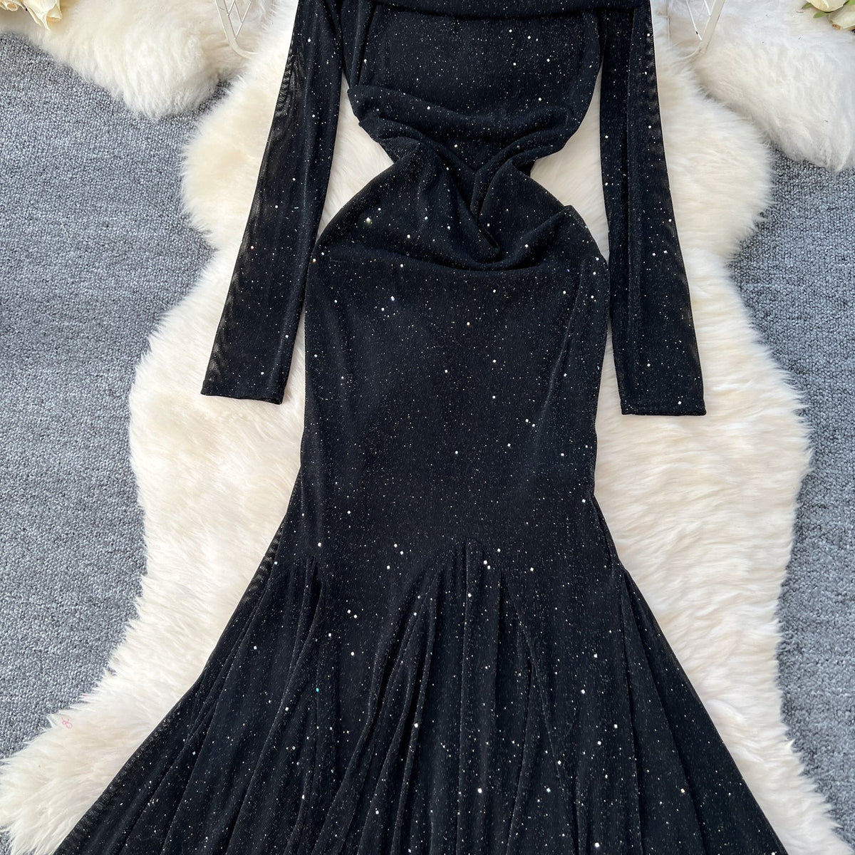 Off-shoulder Sequined Black Dress