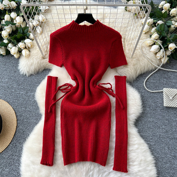 Lace-up Hollowed Red Knitted Dress