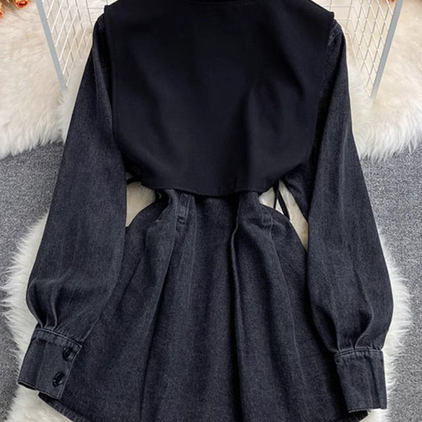 Faux Two-piece Lapeled Denim Dress
