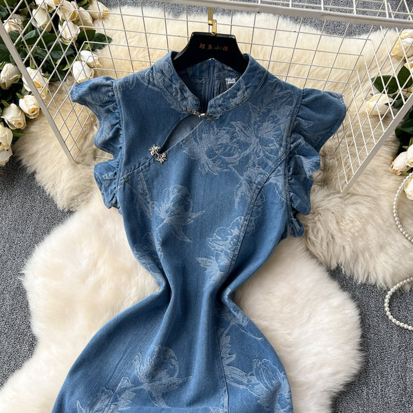 Çin Tarzı Denim Qipao Elbise