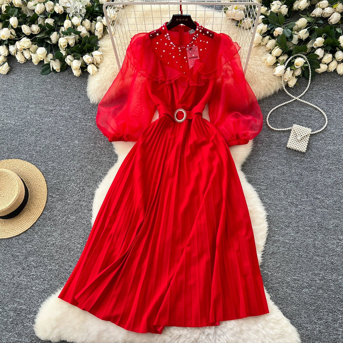 Rhinestone Studded Ruffled Mesh Dress