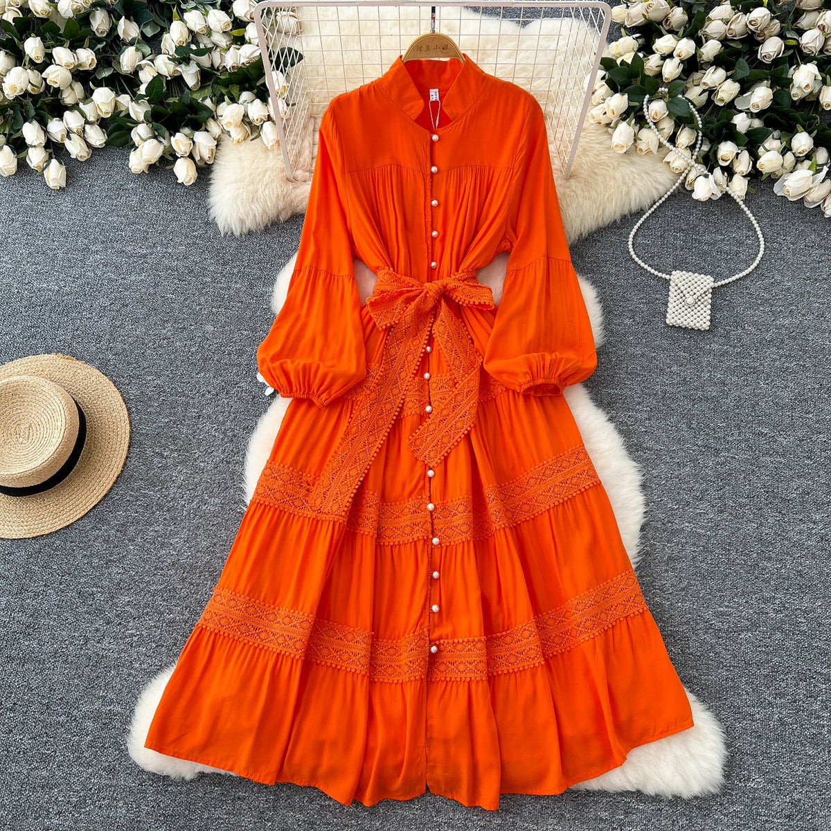 Courtly Lace-up Patchwork Shirt Dress