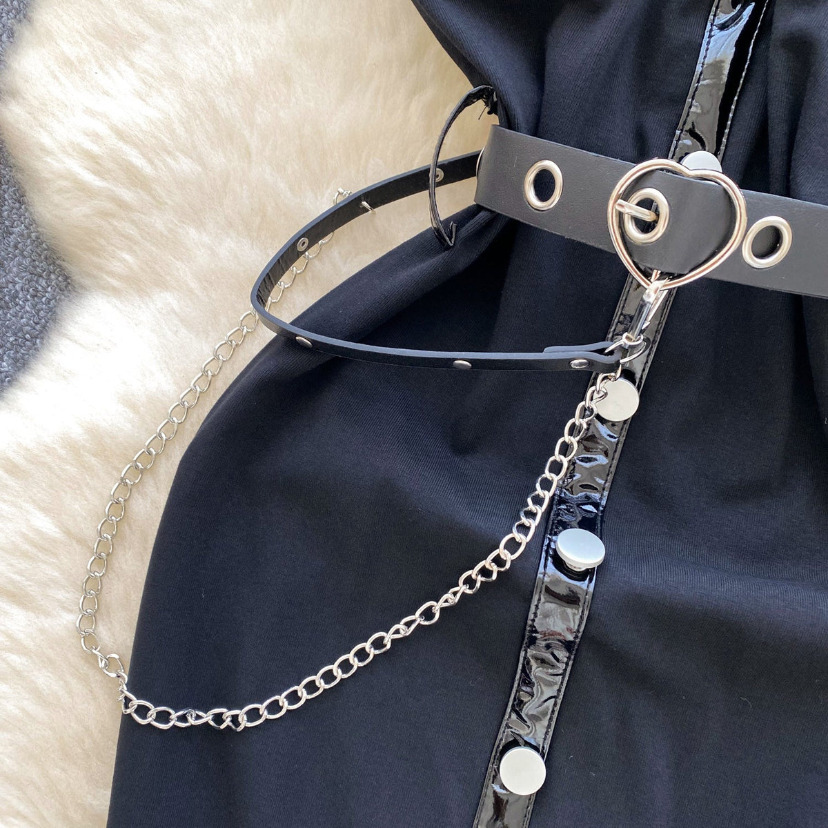Hollowed Metal Button Black Dress