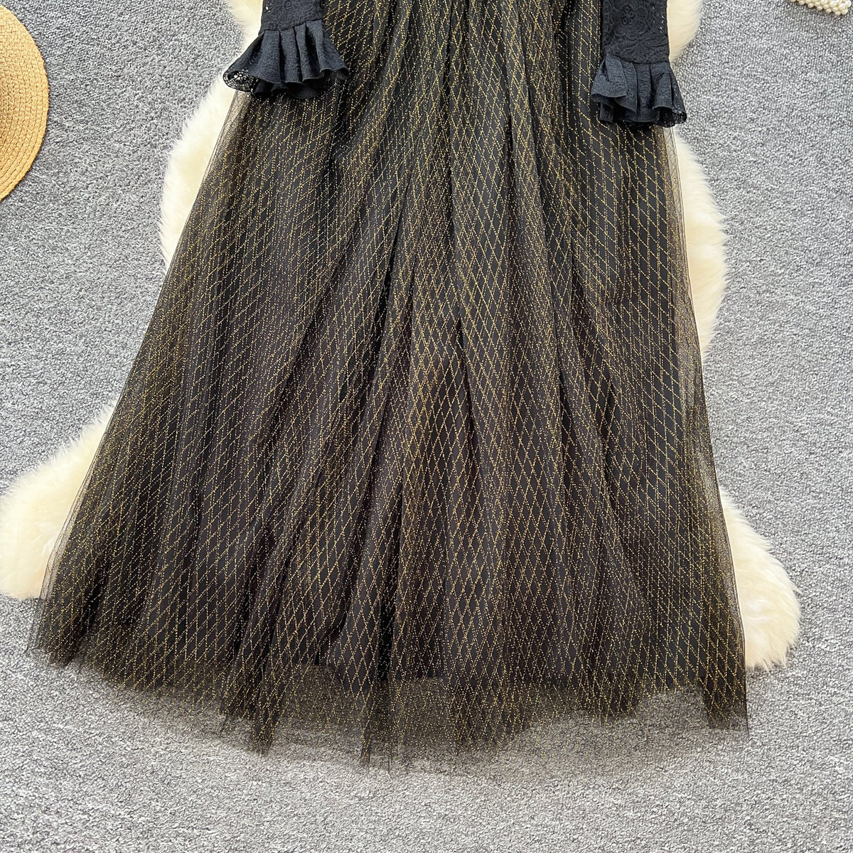 Ruffled V-neck Mesh Patchwork Dress