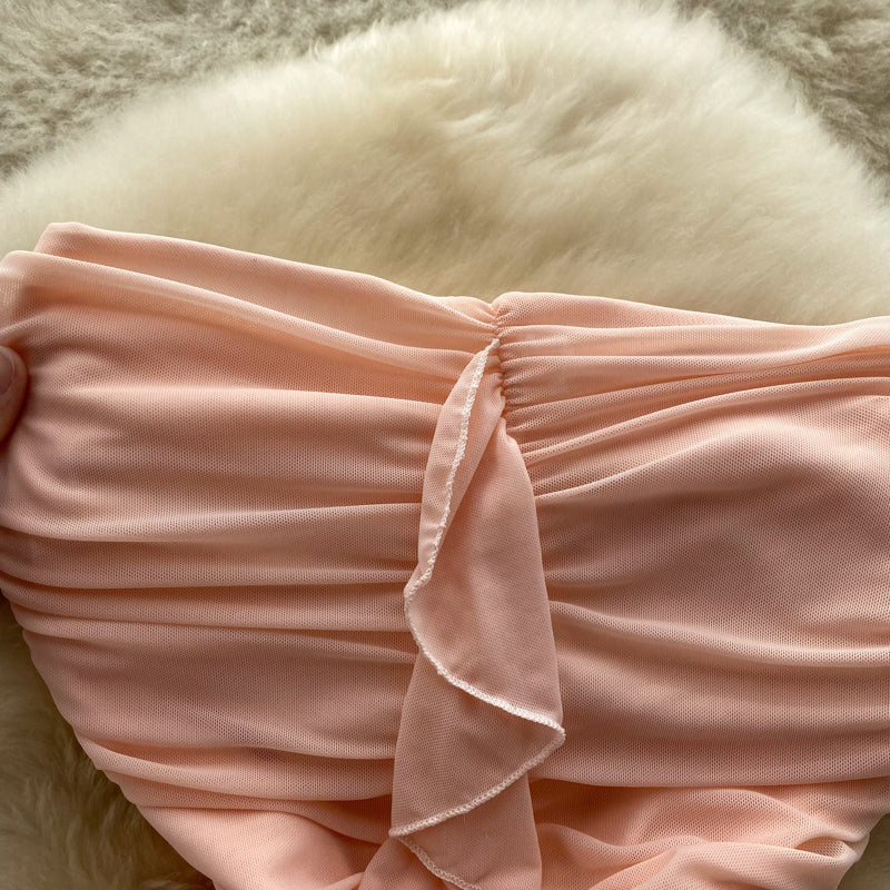 Off-shoulder Ruffled Fairy Pink Dress