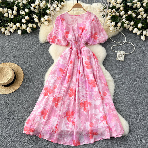 Vintage V-neck Draped Floral Dress