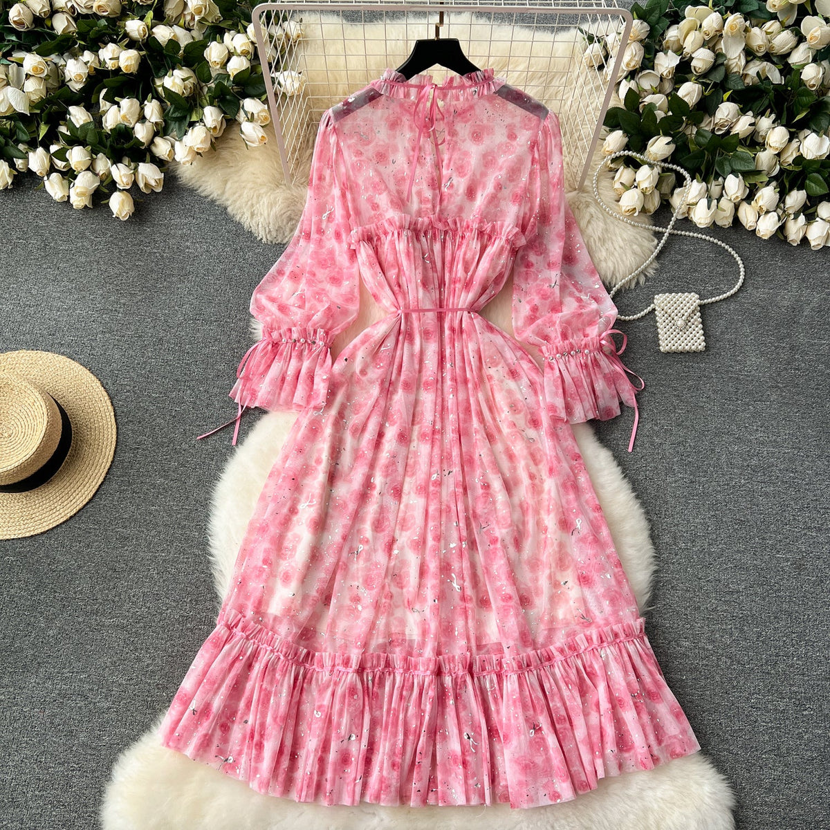 Elegant Sequined Floral Chiffon Dress