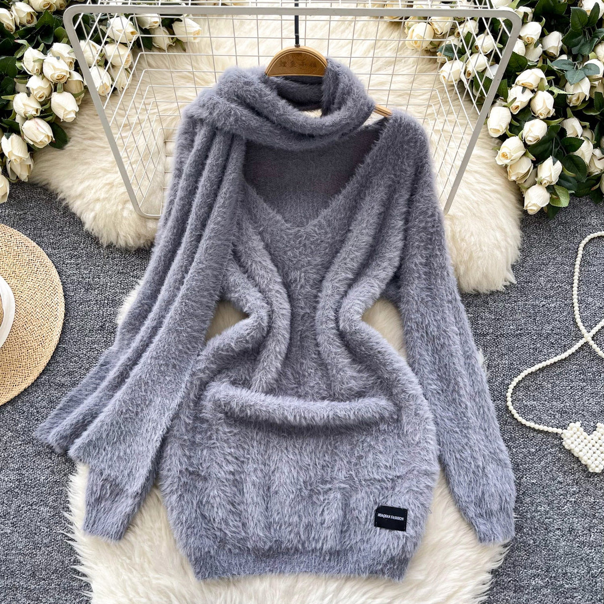 Furry Knitted Dress with Scarf
