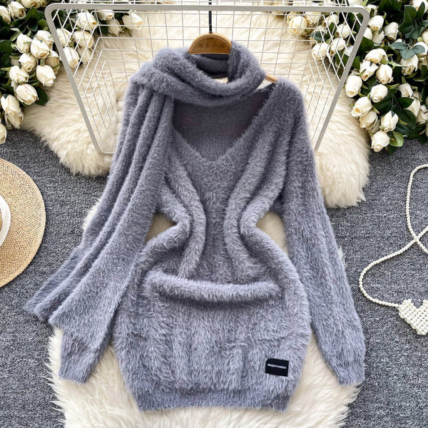 Furry Knitted Dress with Scarf