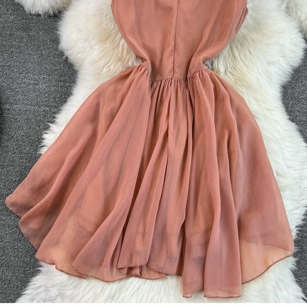High Waisted Puffy Mesh Halter Dress