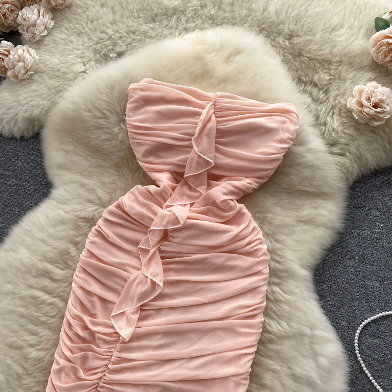 Off-shoulder Ruffled Fairy Pink Dress