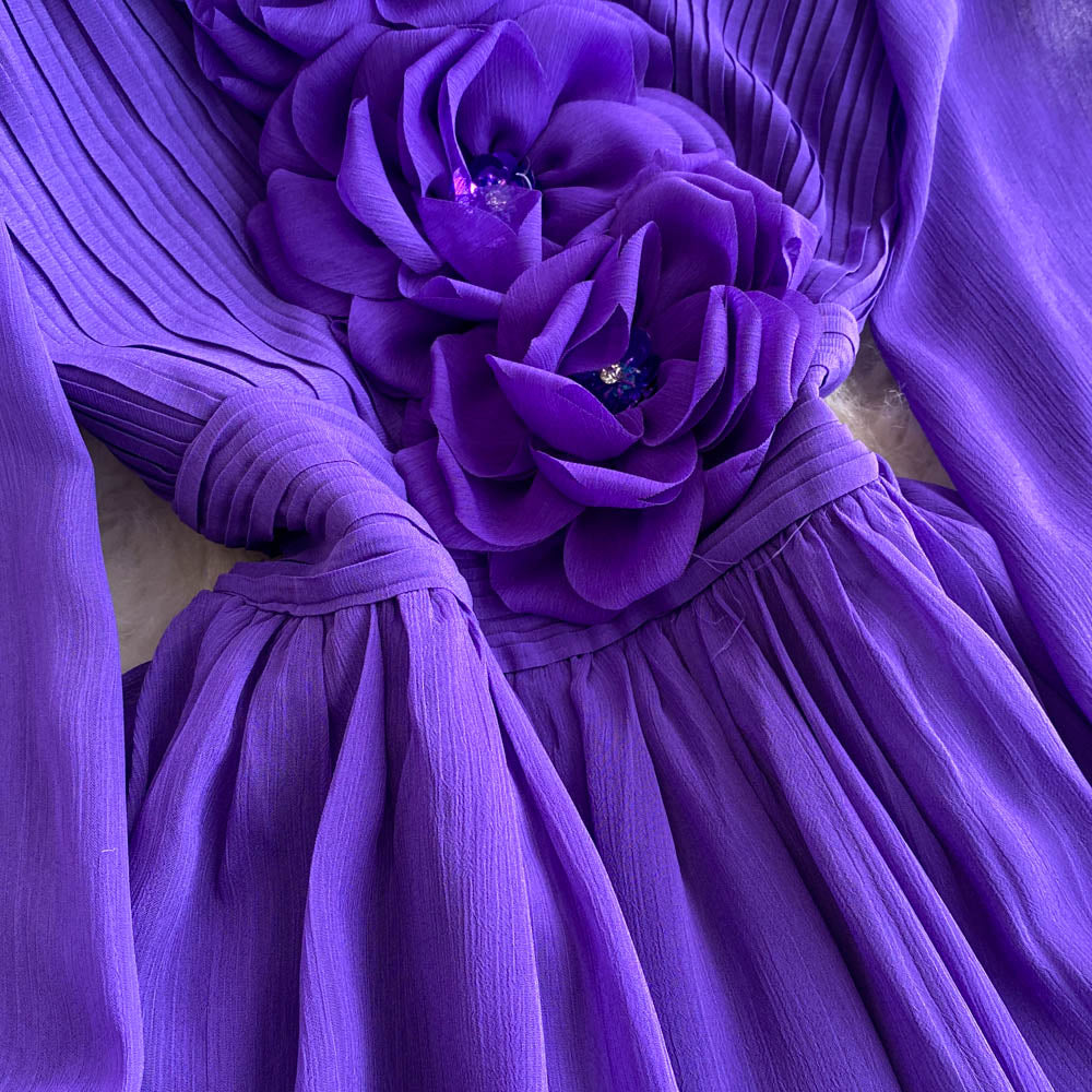V-neck 3d Floral Chiffon Dress
