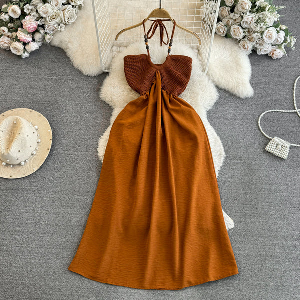 Niche Hollowed Brown Halter Dress