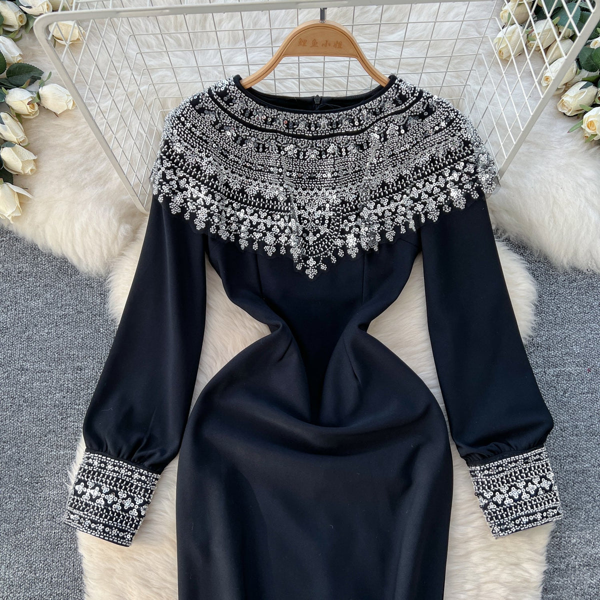 Embroidered Sequin Beaded Black Dress