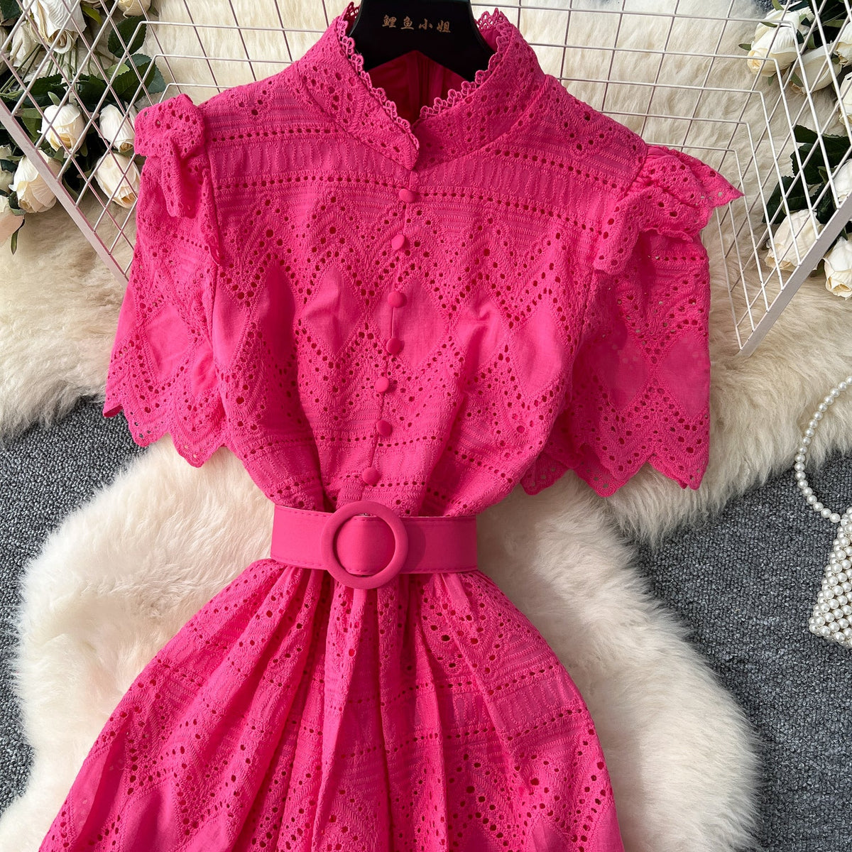 Hollowed Crochet Single-breasted Shirt Dress