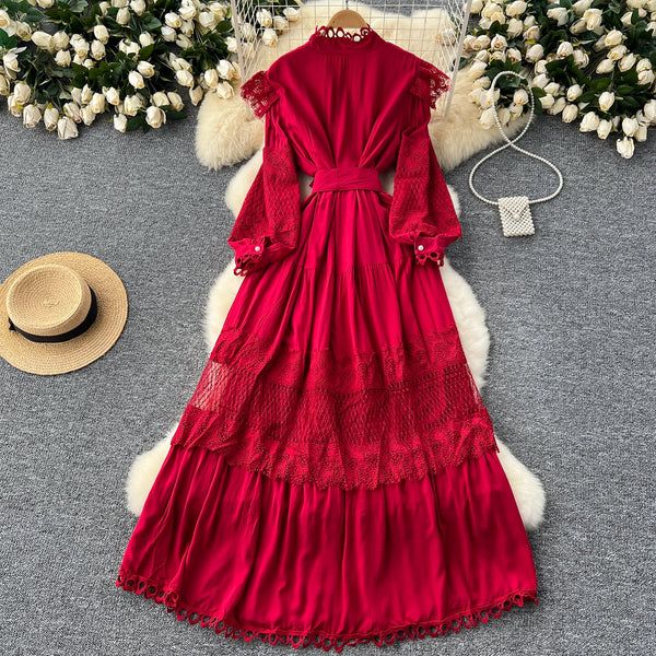 Vintage Lace Patchwork Single-breasted Dress
