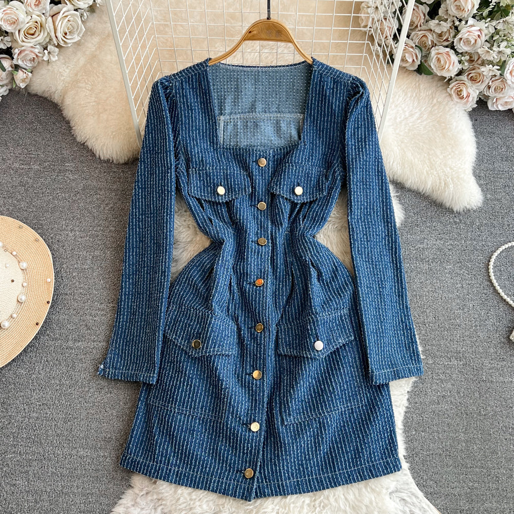 Square Neckline A-line Denim Dress