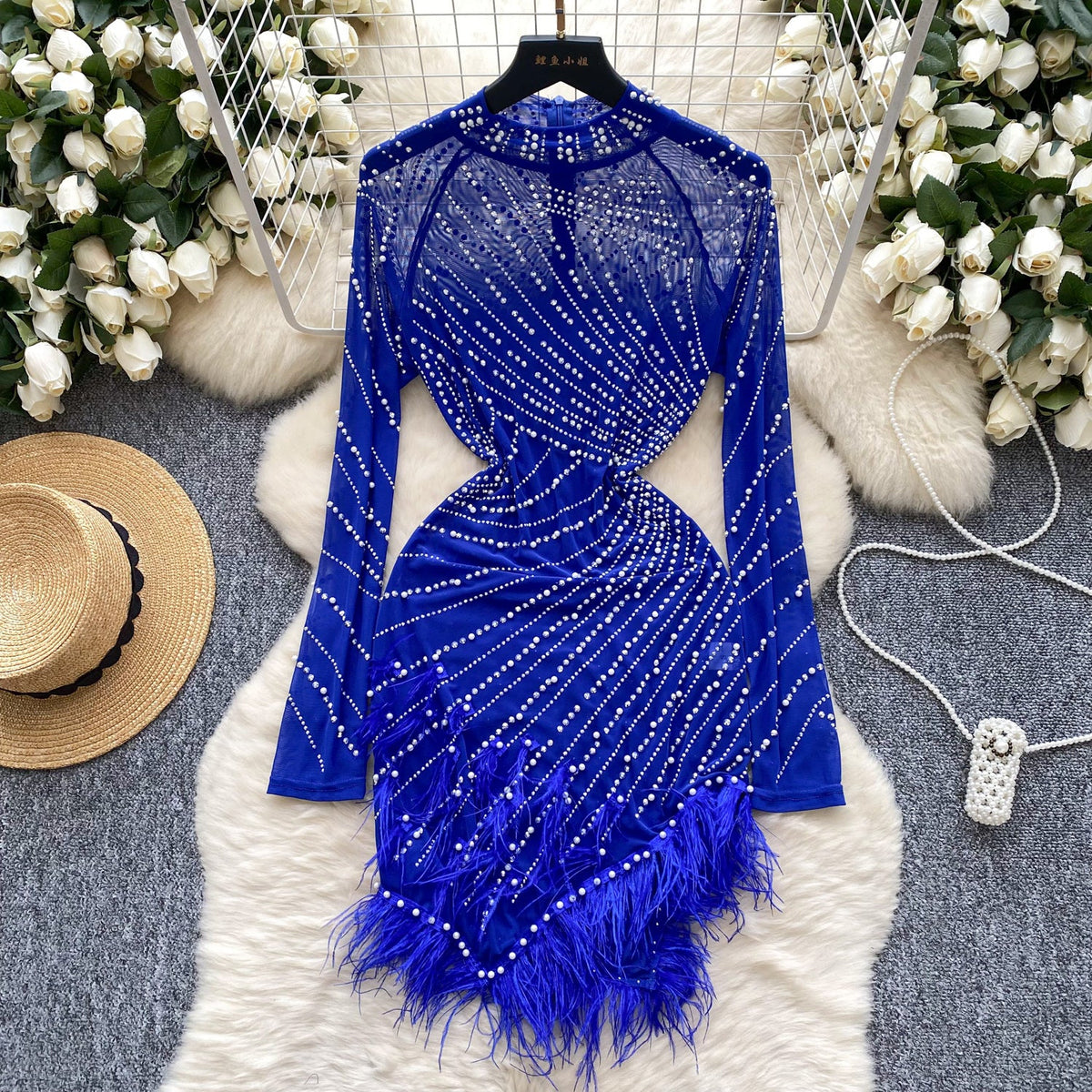 Rhinestone Studded Fringed Mesh Dress