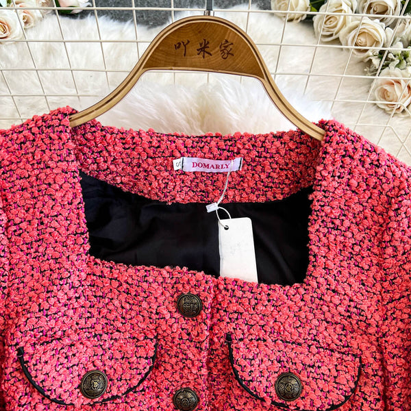Kare Yaka Pembe Tweed Örme Elbise