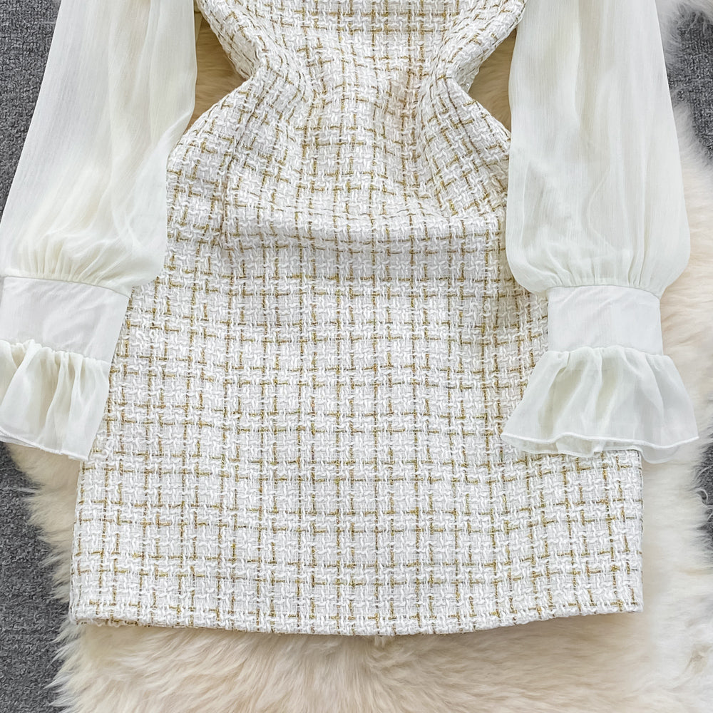 Tweed Patchwork Chiffon Shirt Dress
