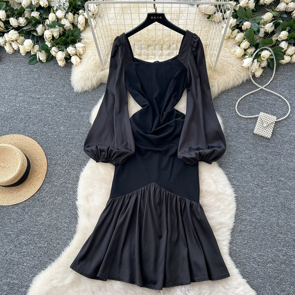 Square Neckline Patchwork Black Dress