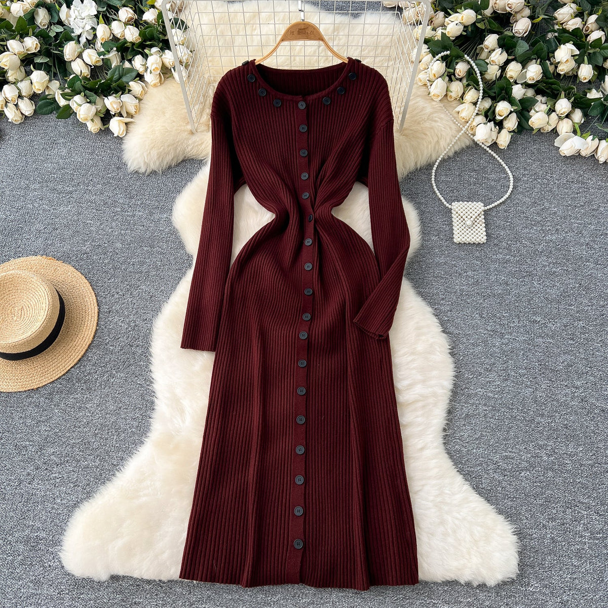 Round Collar Button Decorated Knitted Dress