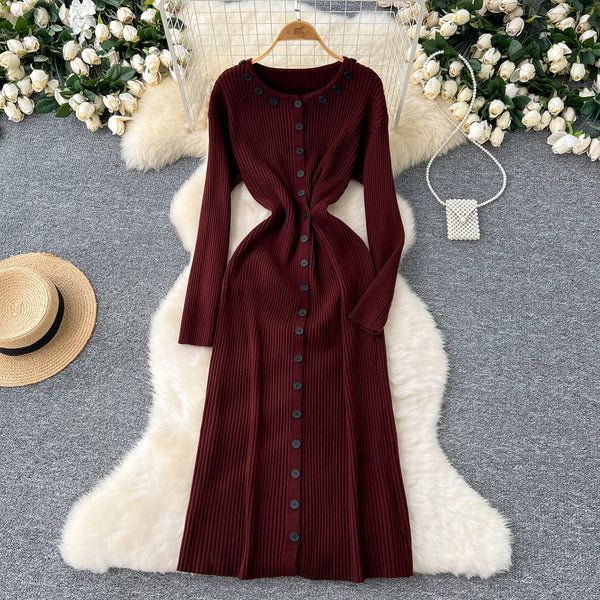Round Collar Button Decorated Knitted Dress