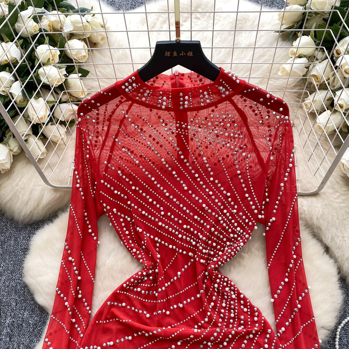 Rhinestone Studded Fringed Mesh Dress