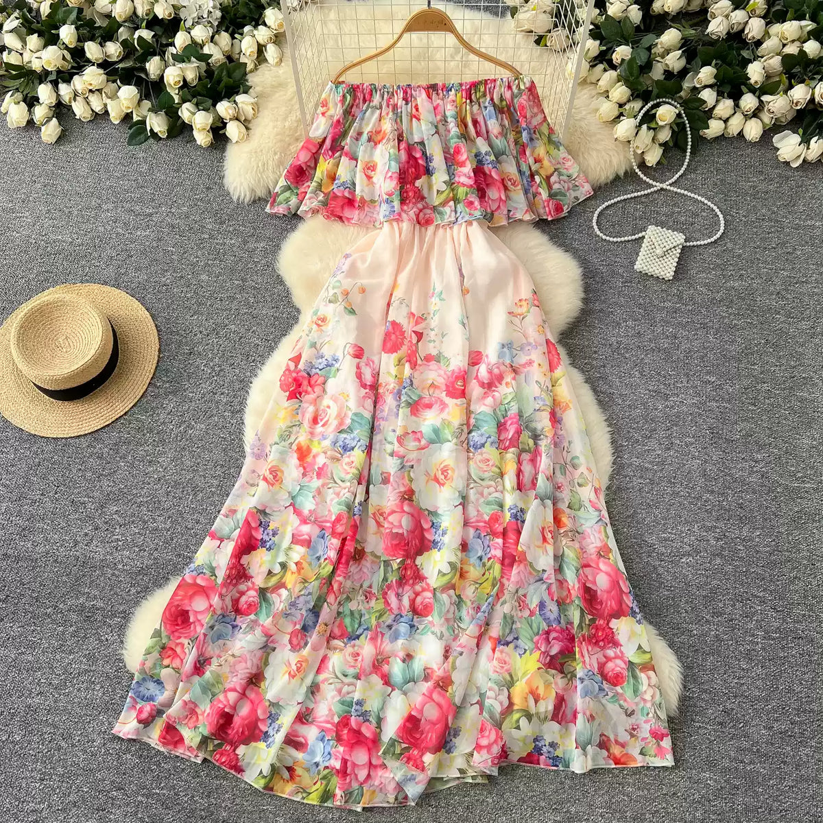 Off-shoulder Floral Printed Chiffon Dress