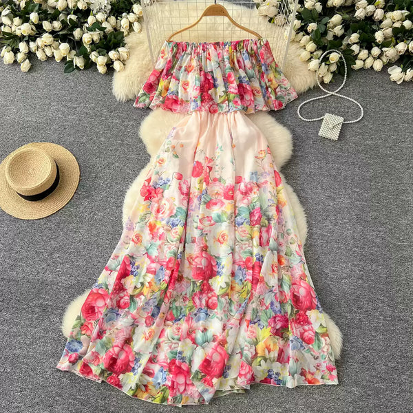 Off-shoulder Floral Printed Chiffon Dress