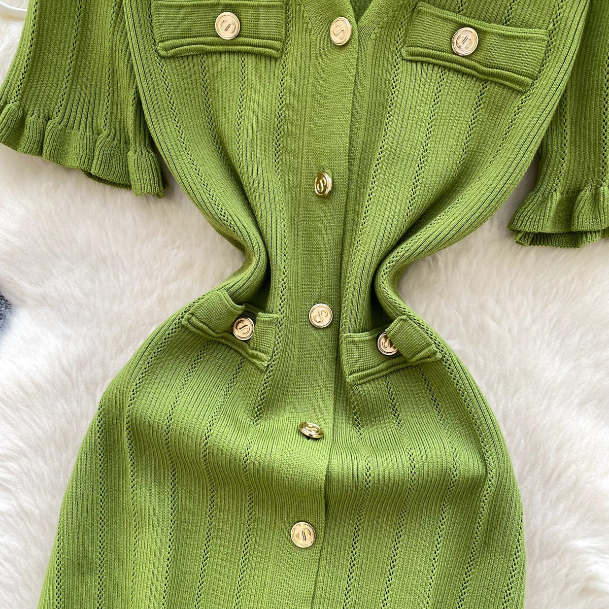 French Style V-neck Knit Shirt Dress